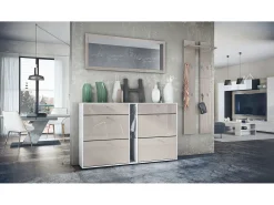 Conjunto de armario Orlando con zapatero, panel de pared y espejo de pared, blanco mate/gris arena de alto brillo