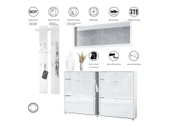 Conjunto de armario Orlando con zapatero, panel de pared y espejo de pared, blanco mate/gris arena de alto brillo