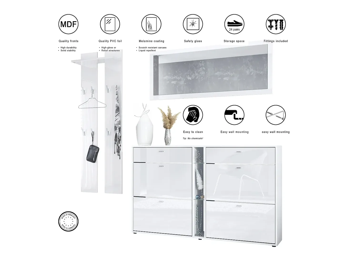 Conjunto de armario Orlando con zapatero, panel de pared y espejo de pared, blanco mate/gris arena de alto brillo