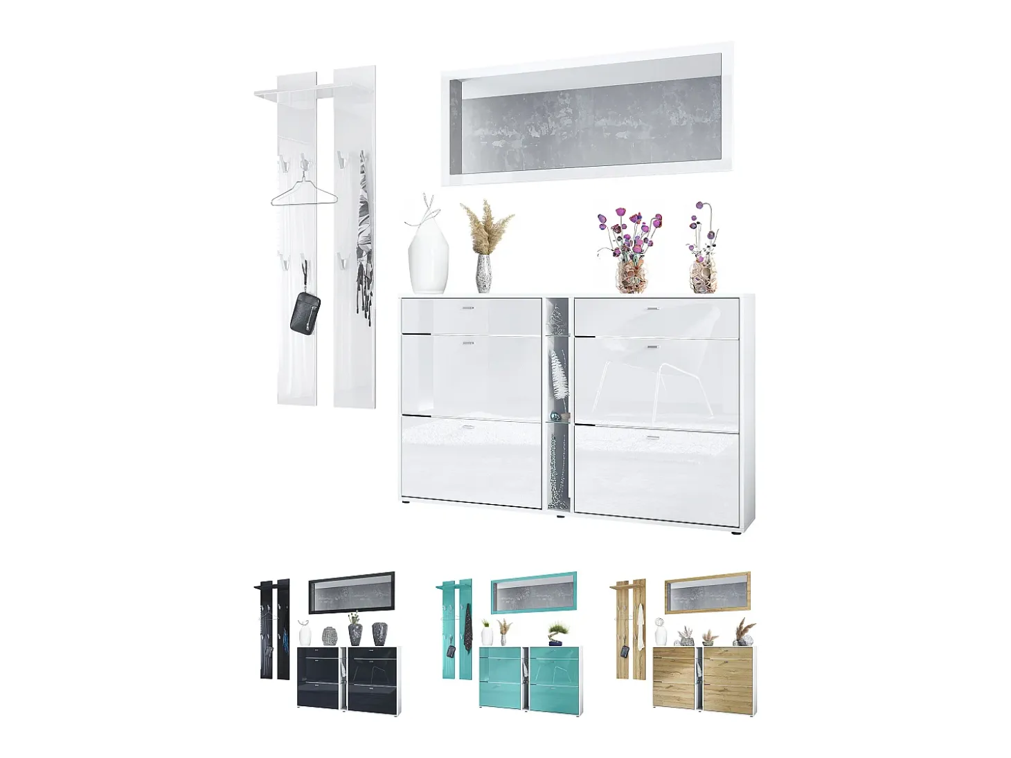 Conjunto de armario Orlando con zapatero, panel de pared y espejo de pared, blanco mate/burdeos de alto brillo