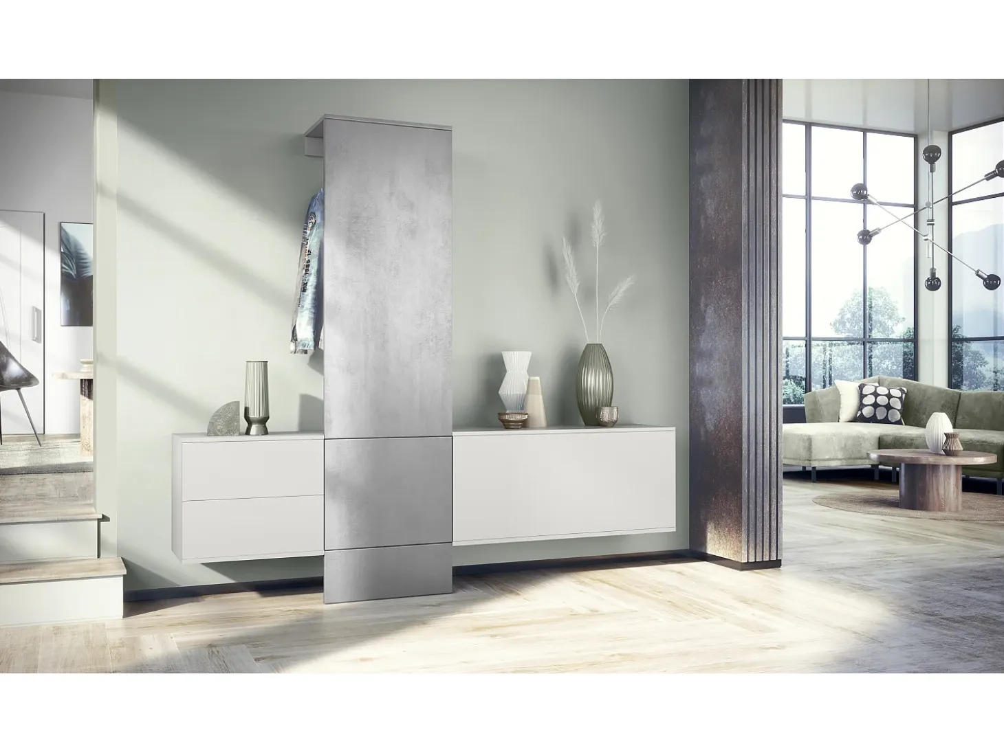 Conjunto de armario Vladon DualVista, compuesto por 1 panel para abrigos, 1 armario con cajones, 1 módulo de armario y 2 espejos, blanco mate/hormigón oxidado