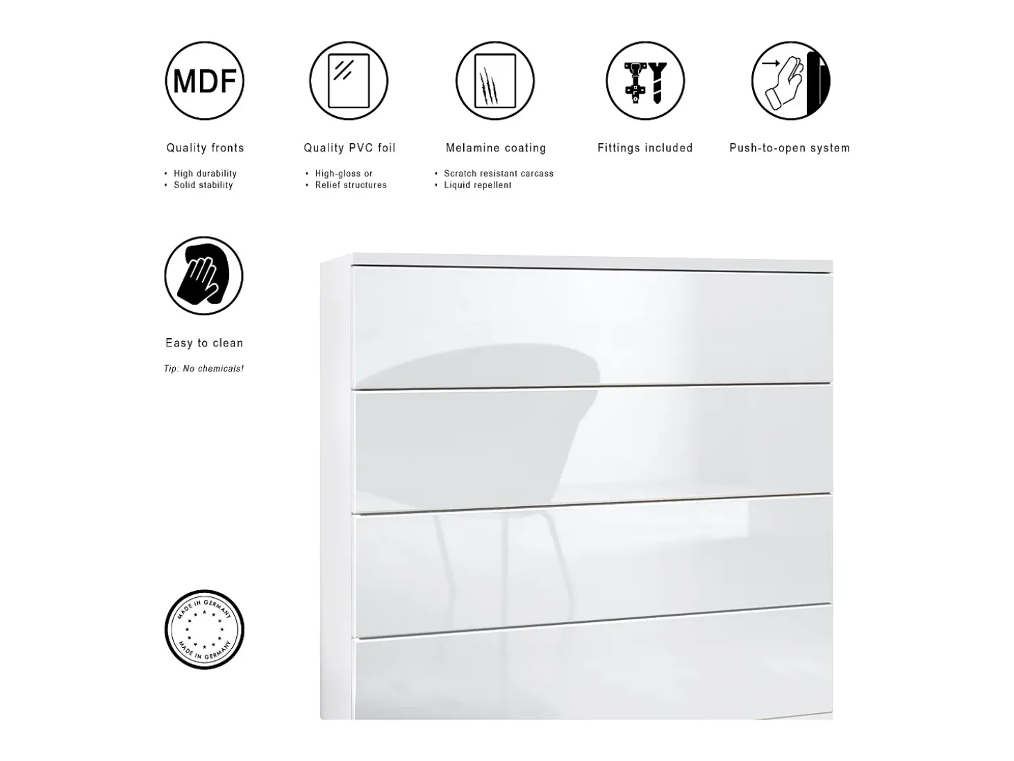 Conjunto de armario Vladon Hollywood, que consta de 1 cómoda con 4 cajones, 1 espejo y 1 juego de paneles de pared, blanco mate/blanco mate.