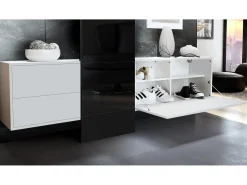 Conjunto de armario Vladon DualVista, compuesto por 1 panel para abrigos, 1 armario con cajones, 1 módulo de armario y 2 espejos, blanco mate/burdeos de alto brillo