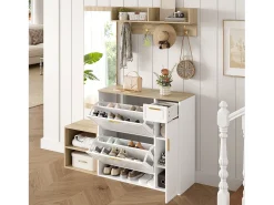Conjunto de armario/almacenamiento de 4 piezas: con zapatero, banco, perchero de pared y espejo. Fabricado en aglomerado, color blanco.