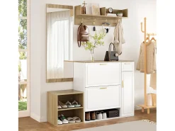 Conjunto de armario/almacenamiento de 4 piezas: con zapatero, banco, perchero de pared y espejo. Fabricado en aglomerado, color blanco.
