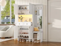 Conjunto de armario/guardarropa - 120 x 33,5 x 180 cm - con banco + zapatero + 3 ganchos + 2 cajones + 1 espejo - aglomerado - blanco