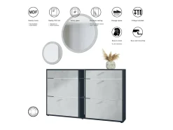 Conjunto de guardarropa Florence con zapatero y 2 espejos de pared, Hecho en ALEMANIA, negro mate/negro mate