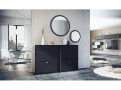 Conjunto de guardarropa Florence con zapatero y 2 espejos de pared, Hecho en ALEMANIA, negro mate/negro mate