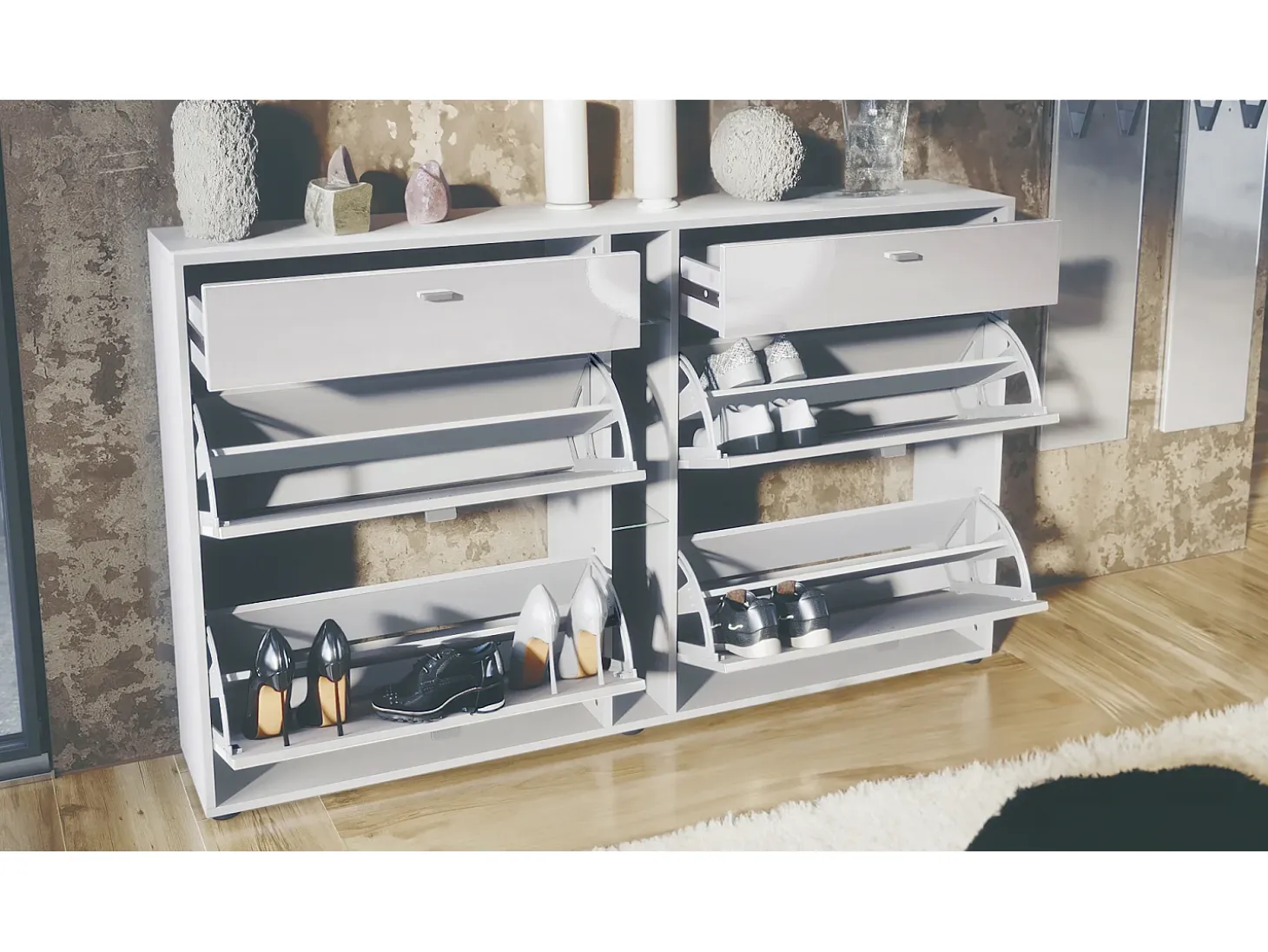Conjunto de guardarropa Florence con zapatero y 2 espejos de pared, Hecho en ALEMANIA, blanco mate/blanco de alto brillo
