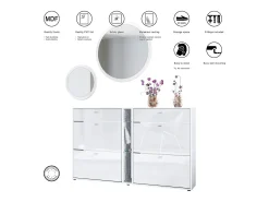Conjunto de guardarropa Florence con zapatero y 2 espejos de pared, Hecho en ALEMANIA, blanco mate/blanco de alto brillo