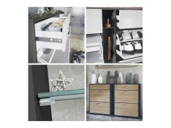 Conjunto de guardarropa Florence con zapatero y 2 espejos de pared, Hecho en ALEMANIA, negro mate/blanco de alto brillo