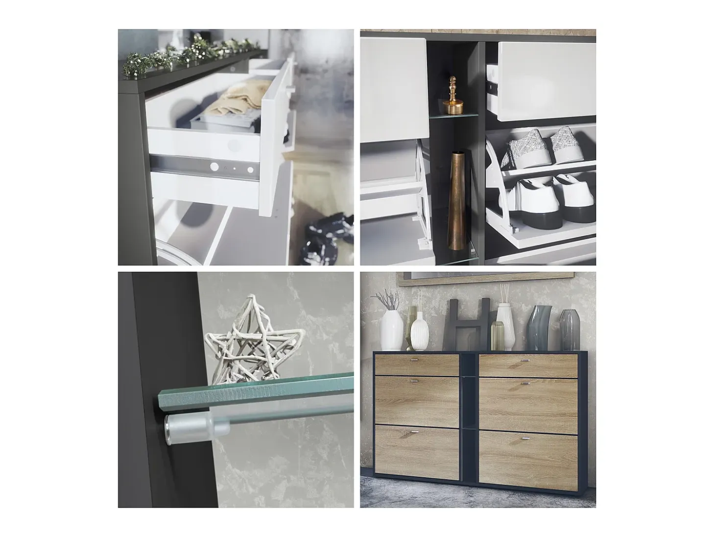 Conjunto de guardarropa Florence con zapatero y 2 espejos de pared, Hecho en ALEMANIA, negro mate/hormigón oxidado
