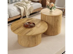 Conjunto de mesa de centro - Tablero redondo - Diseño de rayas verticales - MDF - Natural