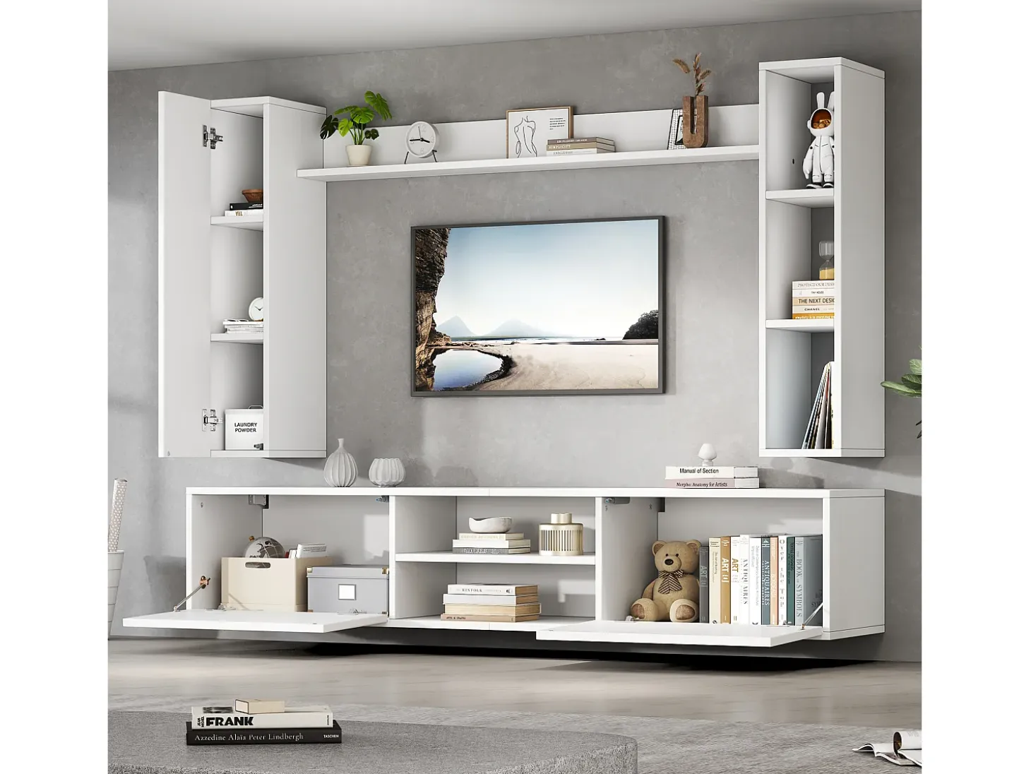 Conjunto de mueble de TV 4 piezas - mueble de TV + 2 muebles de pared + estante de pared - 1 puerta y 2 puertas abatibles - blanco