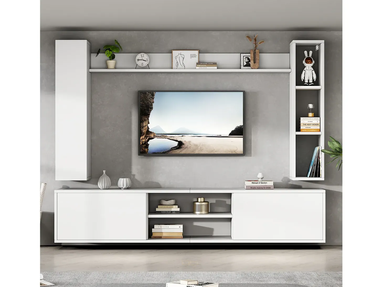 Conjunto de mueble de TV 4 piezas - mueble de TV + 2 muebles de pared + estante de pared - 1 puerta y 2 puertas abatibles - blanco