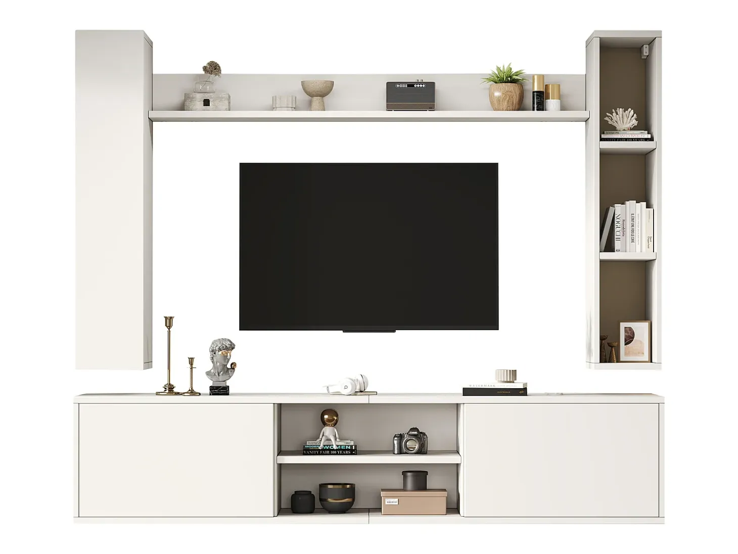 Conjunto de mueble de TV 4 piezas - mueble de TV + 2 muebles de pared + estante de pared - 1 puerta y 2 puertas abatibles - blanco