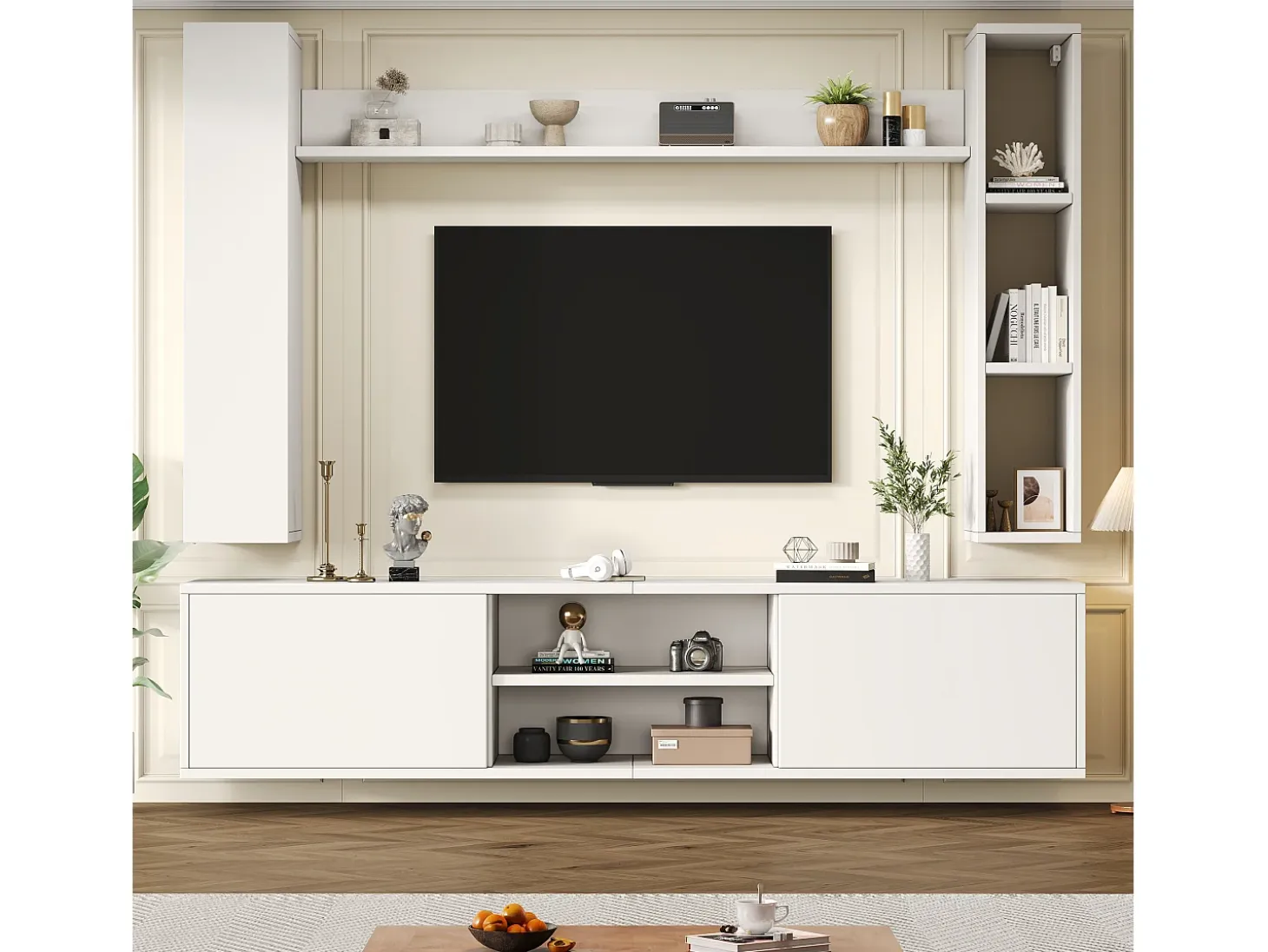 Conjunto de mueble de TV 4 piezas - mueble de TV + 2 muebles de pared + estante de pared - 1 puerta y 2 puertas abatibles - blanco
