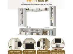 Conjunto de mueble de TV 4 piezas - mueble de TV + 2 muebles de pared + estante de pared - 1 puerta y 2 puertas abatibles - blanco
