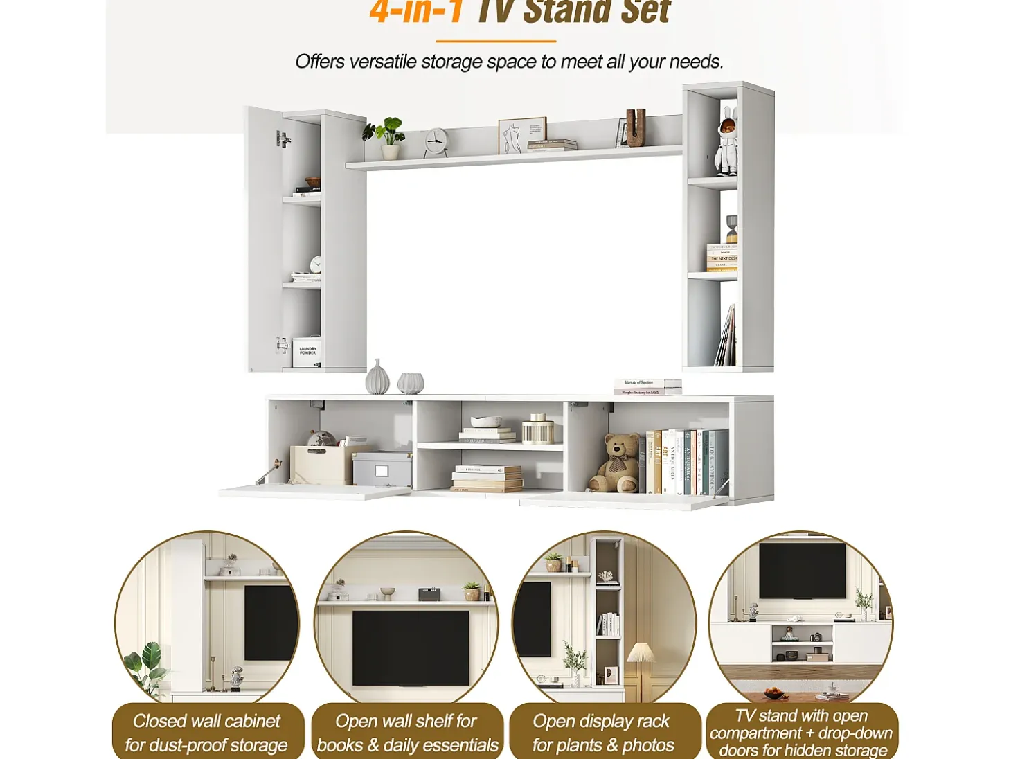 Conjunto de mueble de TV 4 piezas - mueble de TV + 2 muebles de pared + estante de pared - 1 puerta y 2 puertas abatibles - blanco