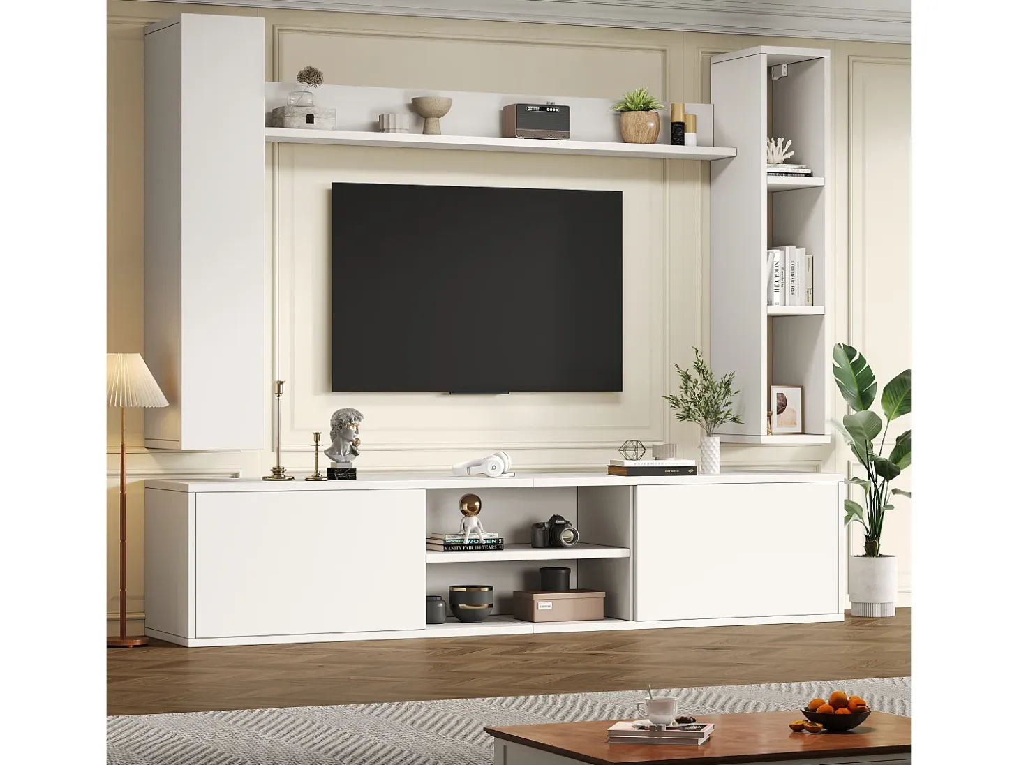 Conjunto de mueble de TV 4 piezas - mueble de TV + 2 muebles de pared + estante de pared - 1 puerta y 2 puertas abatibles - blanco