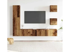 Conjunto de mueble de TV de pared de 5 piezas, madera vieja, madera de ingeniería