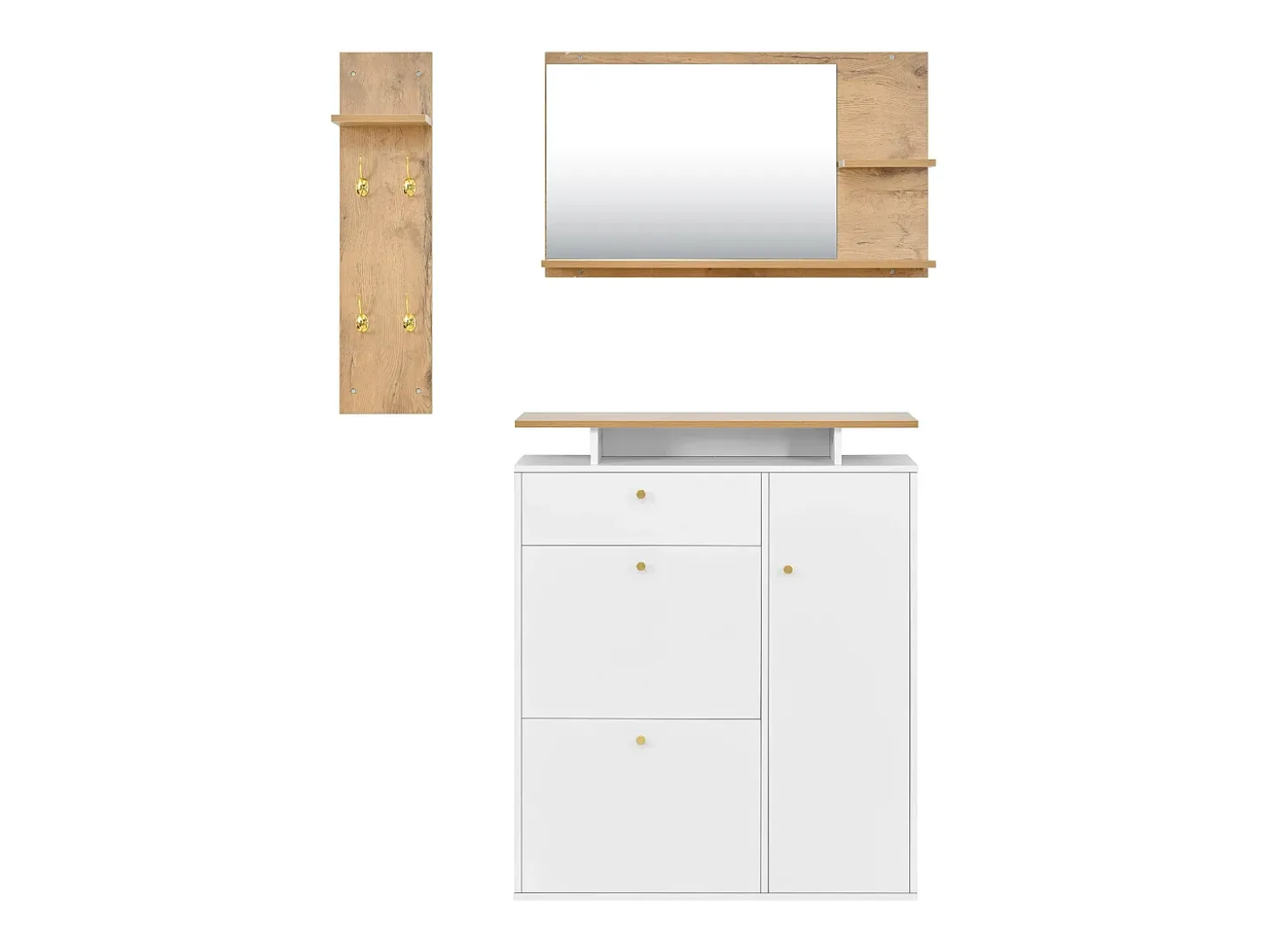 Conjunto de muebles de entrada de 3 piezas - Espejo, estante y zapatero - Blanco y madera