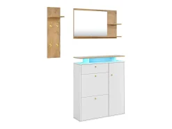 Conjunto de muebles de entrada de 3 piezas - Espejo, estante y zapatero - Blanco y madera