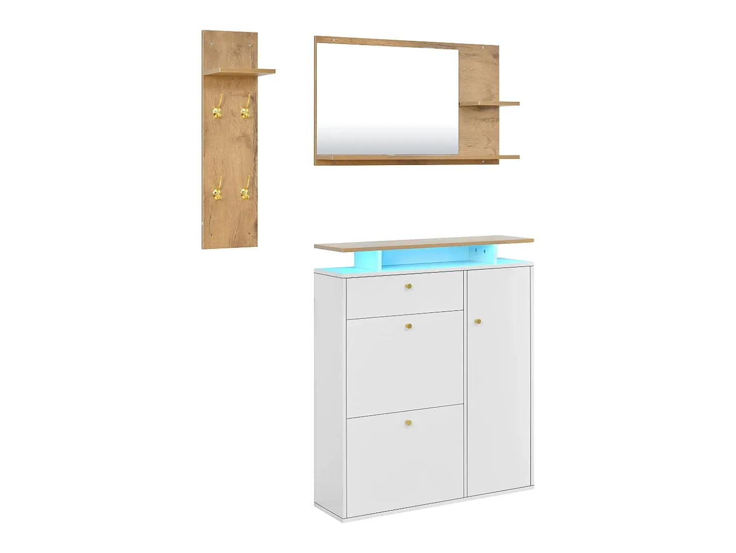 Conjunto de muebles de entrada de 3 piezas - Espejo, estante y zapatero - Blanco y madera