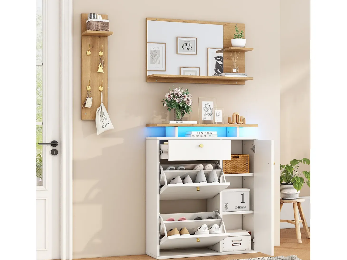 Conjunto de muebles de entrada de 3 piezas - Espejo, estante y zapatero - Blanco y madera