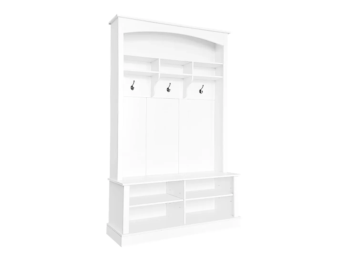 Conjunto de perchero con banco y estante, 3 ganchos para colgar, estantes abiertos, tablero de partículas, blanco, (Alto 190 x Ancho 120 x Fondo 40 cm)