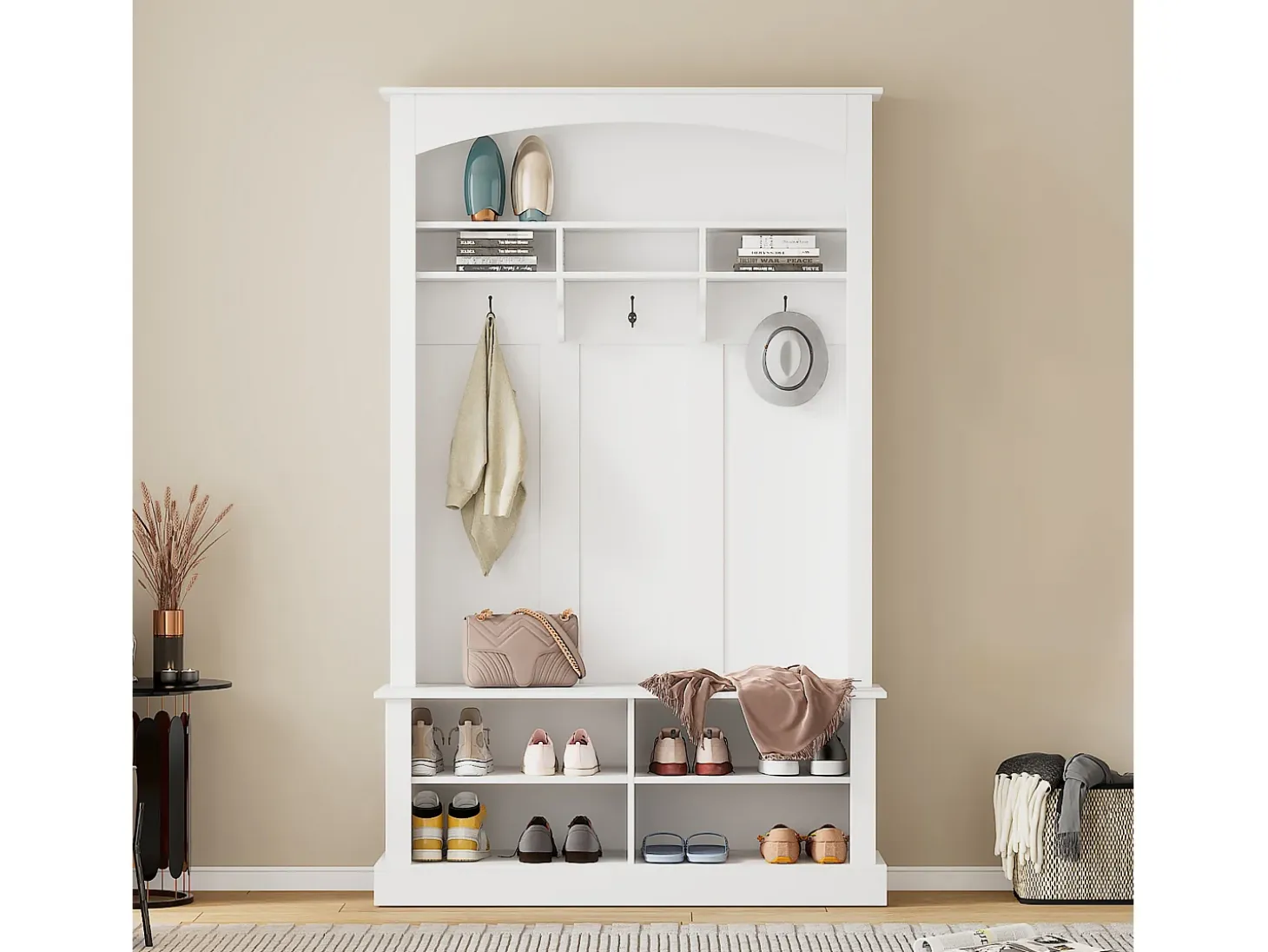 Conjunto de perchero con banco y estante, 3 ganchos para colgar, estantes abiertos, tablero de partículas, blanco, (Alto 190 x Ancho 120 x Fondo 40 cm)