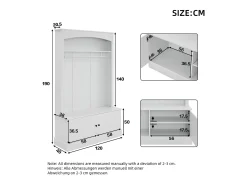 Conjunto de recibidor - 120 x 40 x 190 cm - Perchero con banco zapatero + armario - Aglomerado - Blanco
