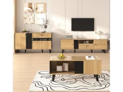 Conjunto de salón de 3 piezas, mesa de centro, mueble de TV y aparador, diseño moderno en madera y negro (100x60x45 cm, 170x40x50,5 cm, 80x120x40 cm)