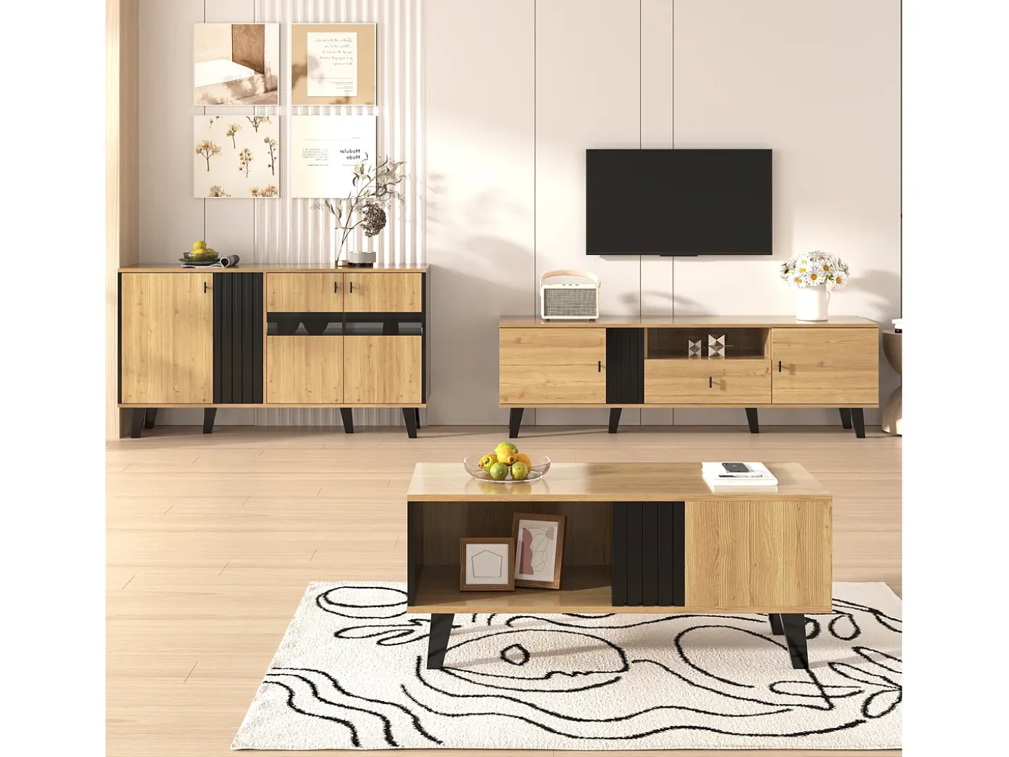 Conjunto de salón de 3 piezas, mesa de centro, mueble de TV y aparador, diseño moderno en madera y negro (100x60x45 cm, 170x40x50,5 cm, 80x120x40 cm)