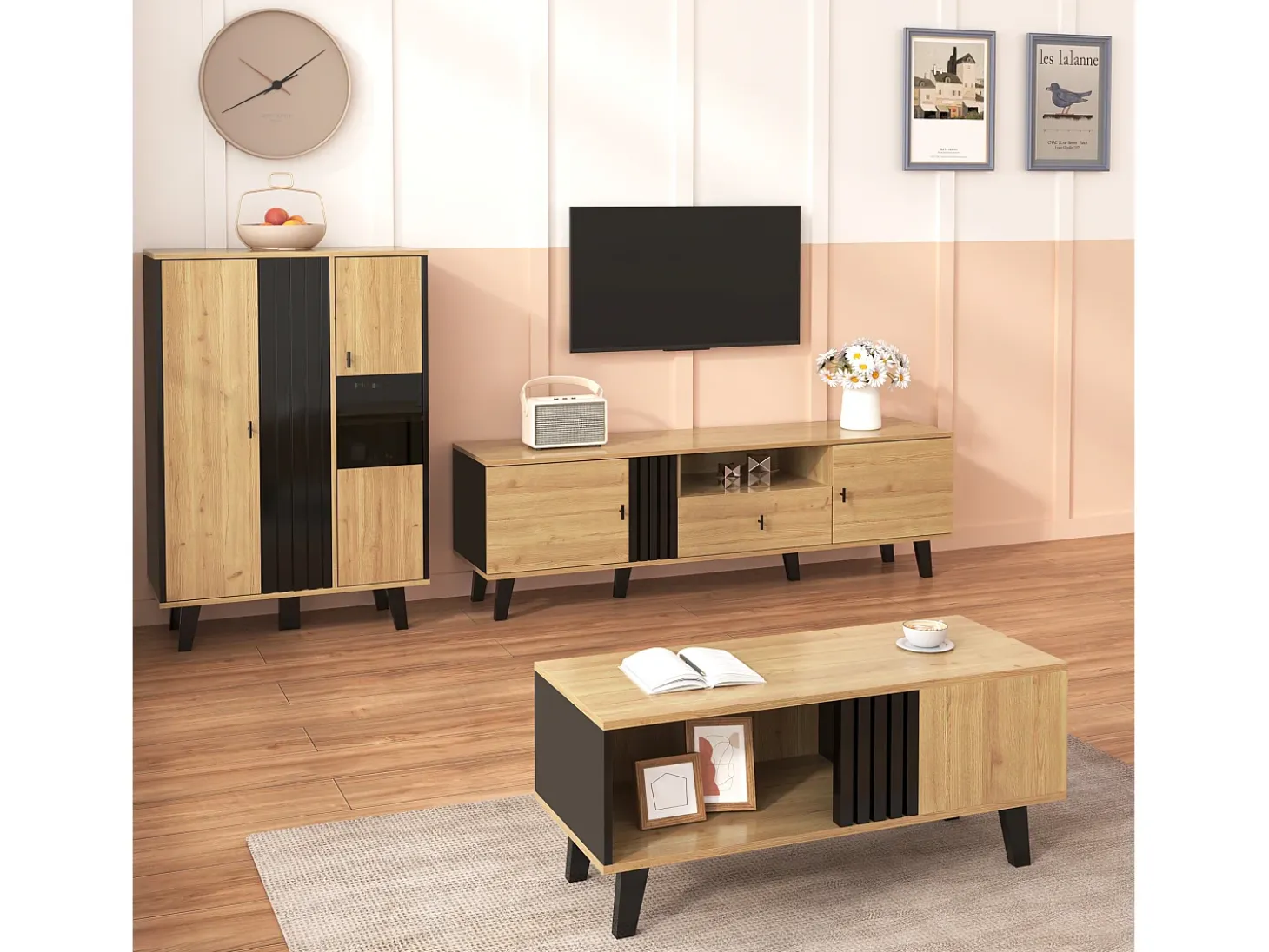 Conjunto de salón de 3 piezas, mesa de centro, mueble de TV y aparador, diseño moderno en madera y negro (100x60x45 cm, 170x40x50,5 cm, 80x120x40 cm)