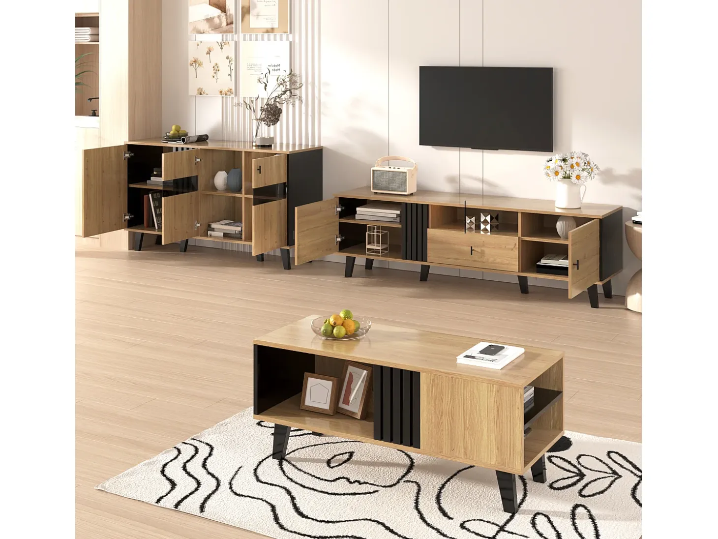 Conjunto de salón de 3 piezas, mesa de centro, mueble de TV y aparador, diseño moderno en madera y negro (100x60x45 cm, 170x40x50,5 cm, 80x120x40 cm)