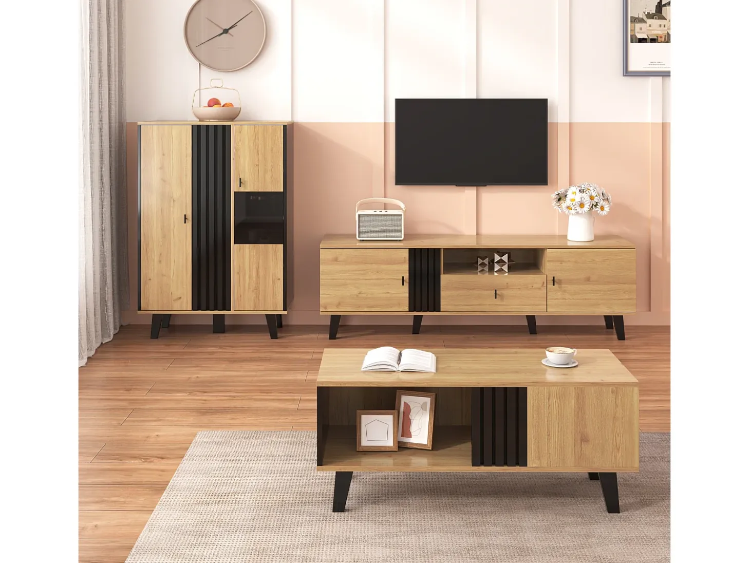 Conjunto de salón de 3 piezas, mesa de centro, mueble de TV y aparador, diseño moderno en madera y negro (100x60x45 cm, 170x40x50,5 cm, 80x120x40 cm)