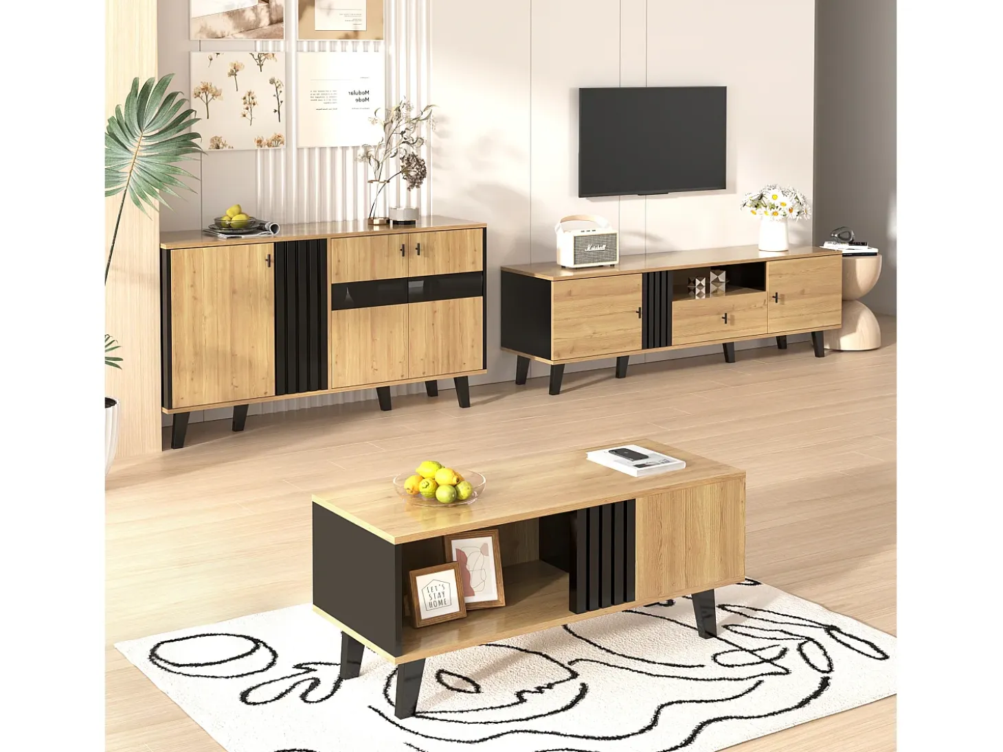 Conjunto de salón de 3 piezas, mesa de centro, mueble de TV y aparador, diseño moderno en madera y negro (100x60x45 cm, 170x40x50,5 cm, 80x120x40 cm)