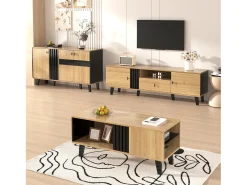 Conjunto de salón de 3 piezas, mesa de centro, mueble de TV y aparador, diseño moderno en madera y negro (100x60x45 cm, 170x40x50,5 cm, 80x120x40 cm)