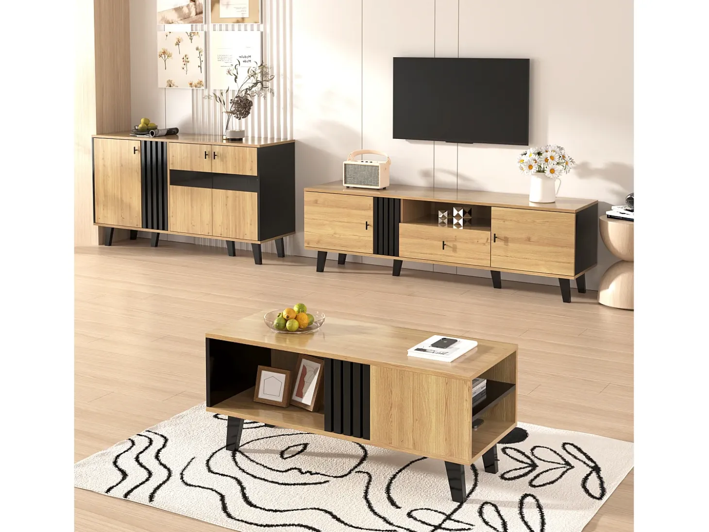 Conjunto de salón de 3 piezas, mesa de centro, mueble de TV y aparador, diseño moderno en madera y negro (100x60x45 cm, 170x40x50,5 cm, 80x120x40 cm)