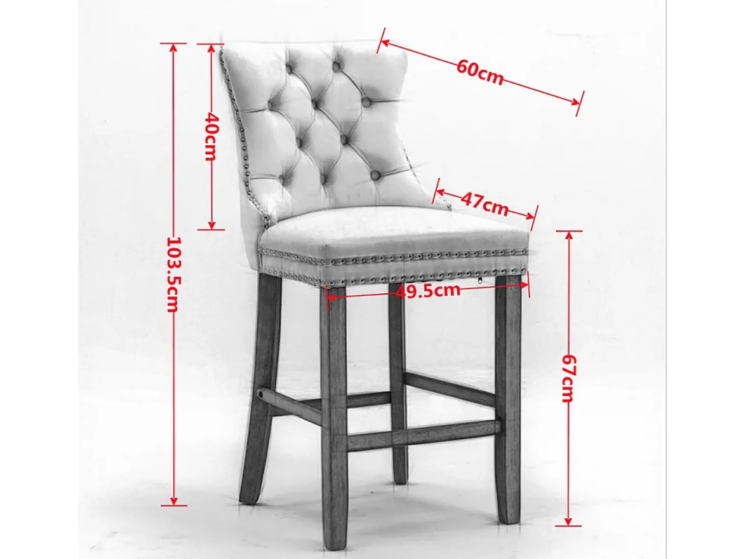 Conjunto de taburetes de bar con detalles remachados y patas de madera, tapizado cromado con tachuelas, terciopelo, beige