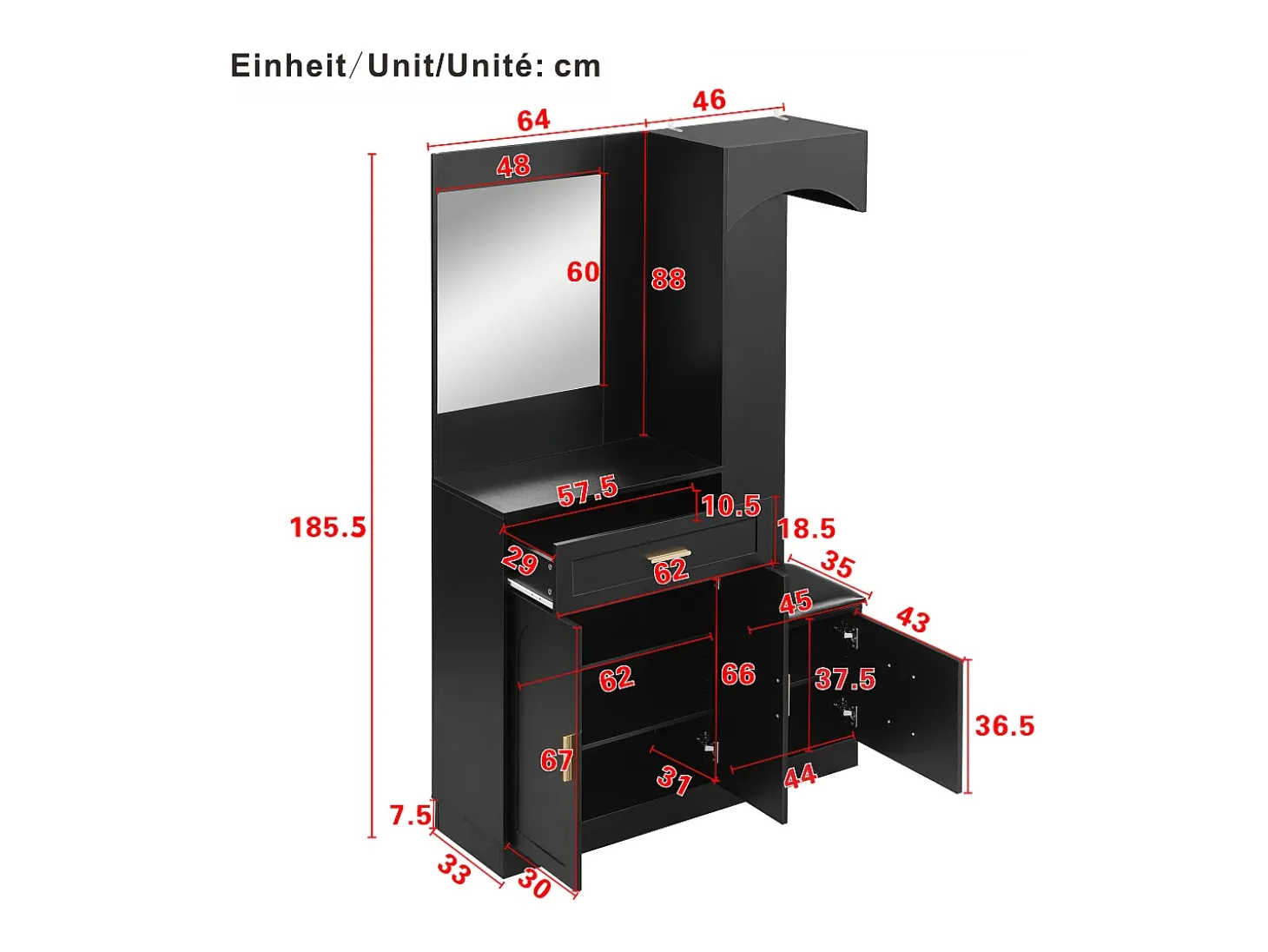 Conjunto de vestidor de entrada 110x33x185,5 cm - 3 puertas y 1 cajón - Mueble para zapatos y banco para calzado - con espejo - Negro