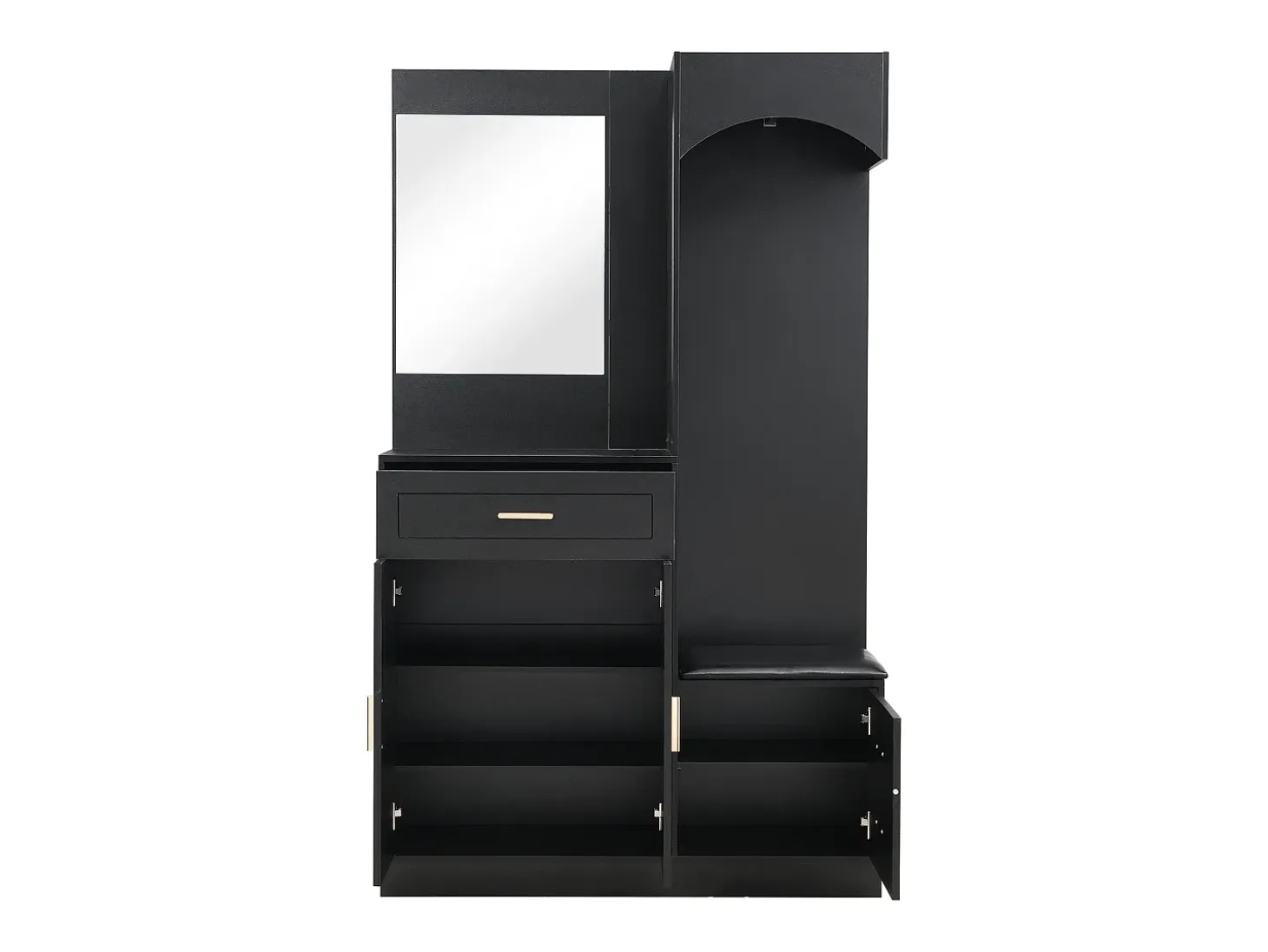 Conjunto de vestidor de entrada 110x33x185,5 cm - 3 puertas y 1 cajón - Mueble para zapatos y banco para calzado - con espejo - Negro