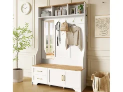 Conjunto de vestidor de entrada 120x40x187 cm - Espejo y ganchos - con LED - Mueble para zapatos - Blanco + Natural