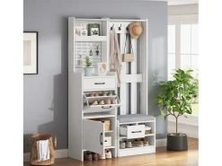 Conjunto de vestidor de entrada 110x35x175.5 cm - Mueble para zapatos y banco de zapatos - ganchos y panel perforado - Blanco