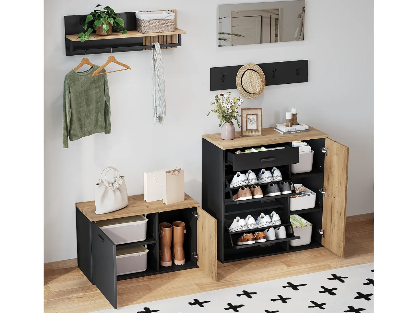 Conjunto de vestidor de entrada - 2 muebles para zapatos - barra para ropa y 4 ganchos - Espejo - Natural + Negro