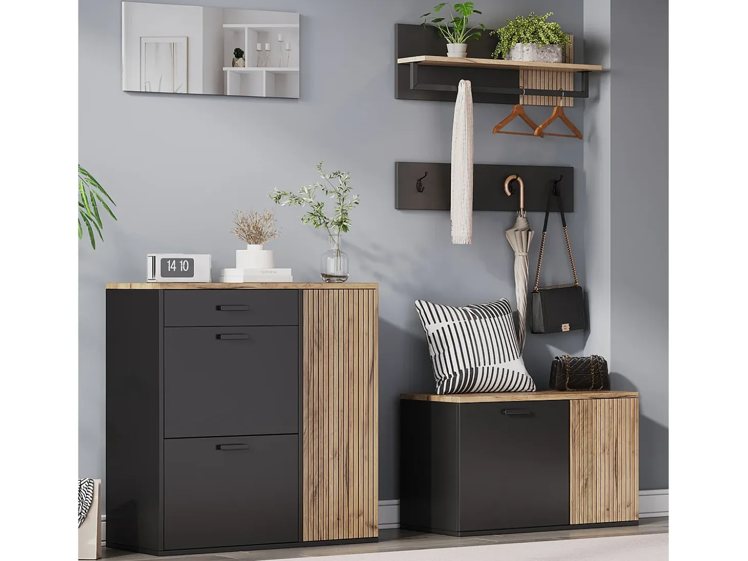 Conjunto de vestidor de entrada - 2 muebles para zapatos - barra para ropa y 4 ganchos - Espejo - Natural + Negro