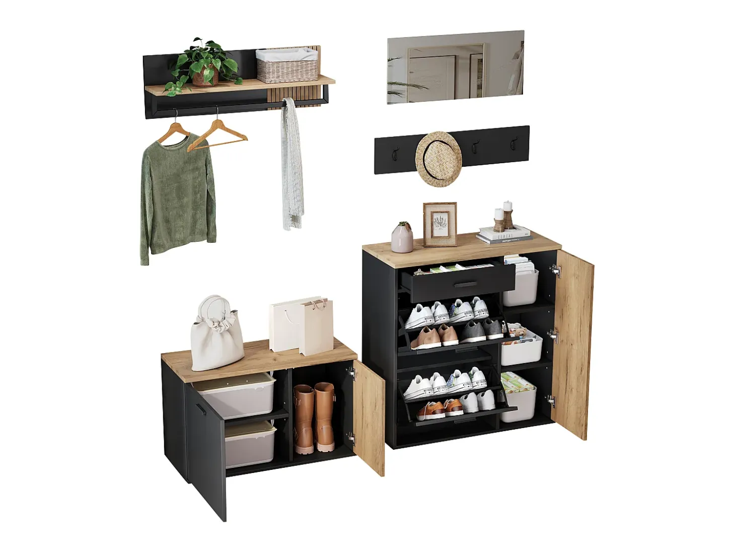 Conjunto de vestidor de entrada - 2 muebles para zapatos - barra para ropa y 4 ganchos - Espejo - Natural + Negro