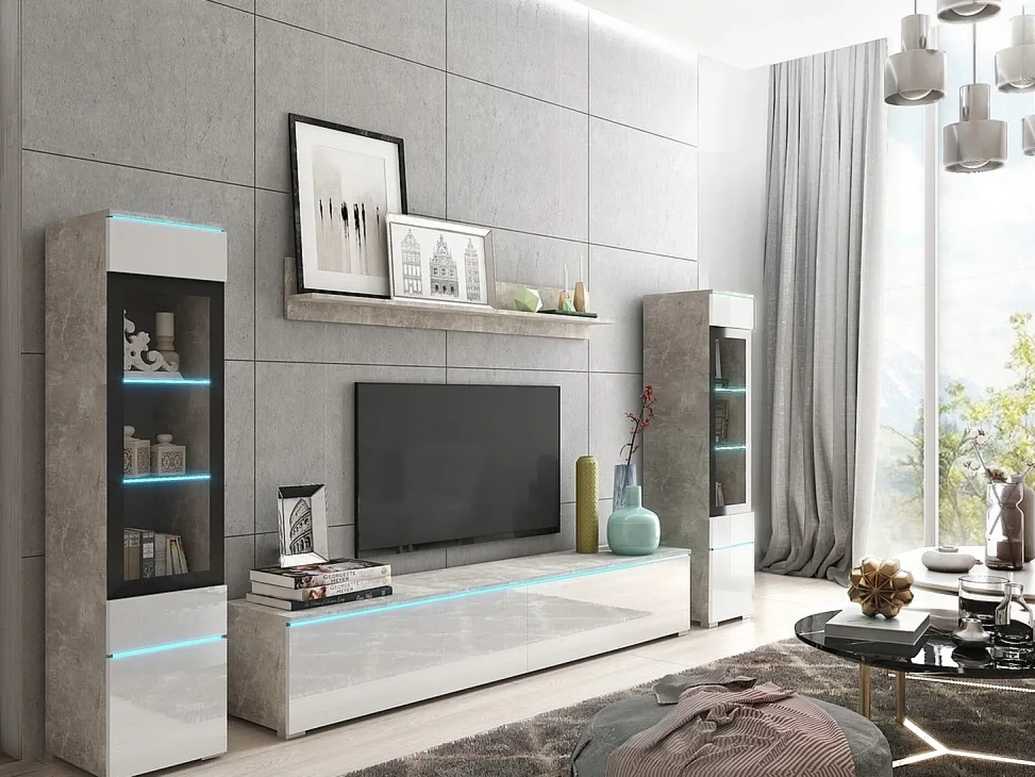 Conjunto moderno de muebles de salón 4 piezas, mueble TV 180 cm, 2 vitrinas y estante, cuerpo hormigón mate, frentes blanco brillo, de pie o colgante