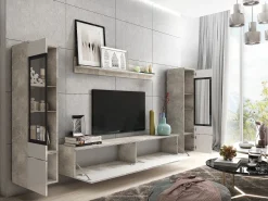 Conjunto moderno de muebles de salón 4 piezas, mueble TV 180 cm, 2 vitrinas y estante, cuerpo hormigón mate, frentes blanco brillo, de pie o colgante
